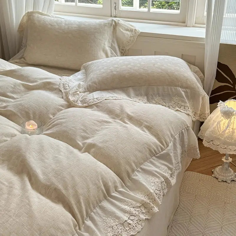 Cream-colored decorbites jacquard linen cotton bedding set with delicate lace trim and ruffled edges for bedroom decor