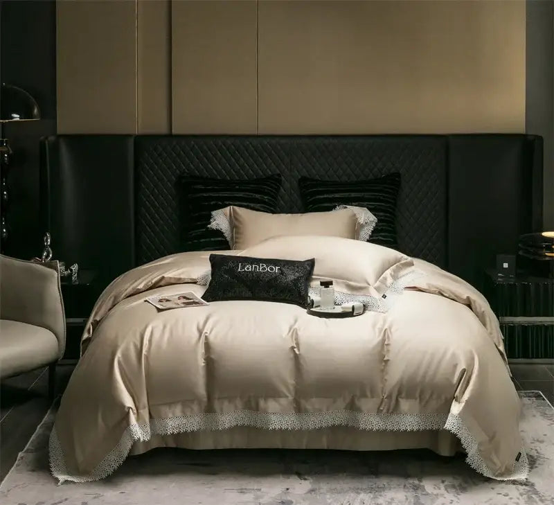 Beige satin duvet bedding set with delicate white french lace edge trim and black quilted headboard pillow decorbites french lace