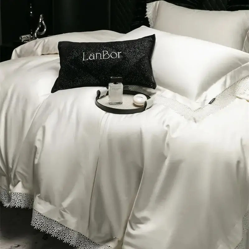 Black sequined pillow with lanbor embroidery styled with french lace edge white and silver bedding set decorbites french lace