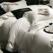 White satin duvet cover bedding set with delicate silver french lace edge and black lanbor logo pillow decorbites french lace