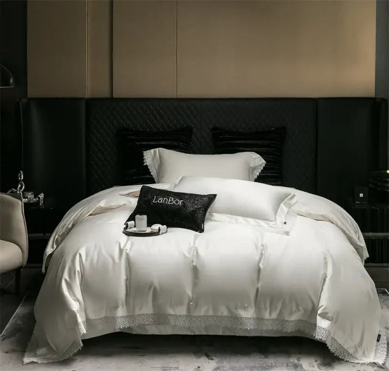 White satin duvet cover with silver lace edge and pleats in decorbites french lace bedding set for elegant bedroom decor