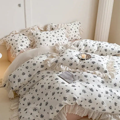 White cotton bedding set with delicate french lace floral pattern ruffles and lace trim by decorbites french lace