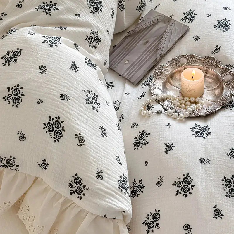 White cotton duvet cover with black rose and cherry blossom prints from decorbites french lace floral bedding set