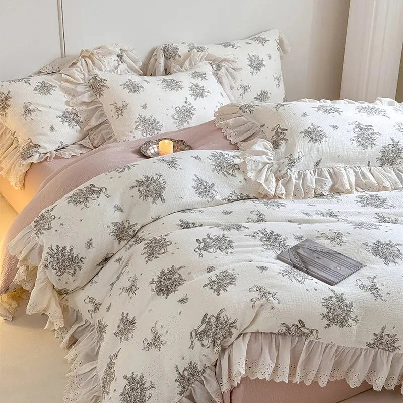White and gray floral-patterned french lace floral cotton bedding set with delicate ruffled edges by decorbites french lace