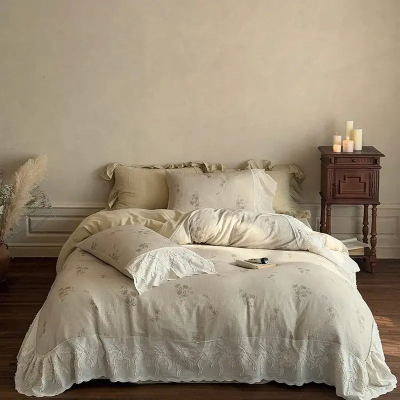 Cream-colored cotton bedding set with french lace flowers embroidery and delicate lace trim for bedroom duvet cover