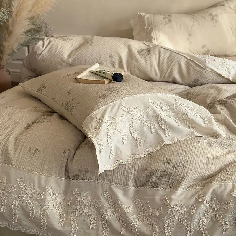 Beige linen duvet set with delicate white floral embroidery and scalloped lace trim in french lace flowers bedding set