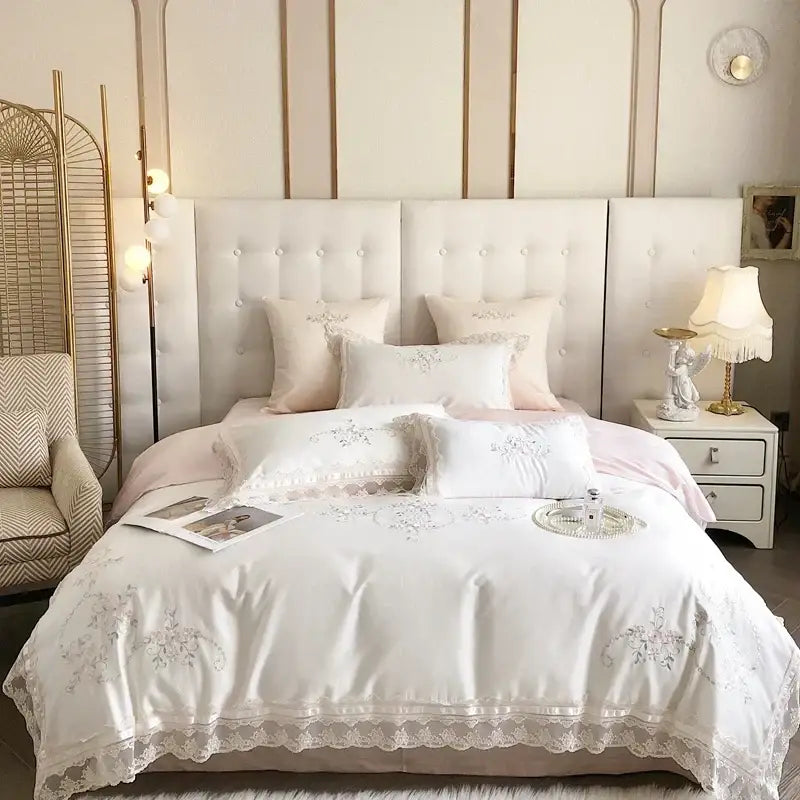 White lace-edged embroidered bedding set with floral patterns and soft pink accents decorbites french lace flowers