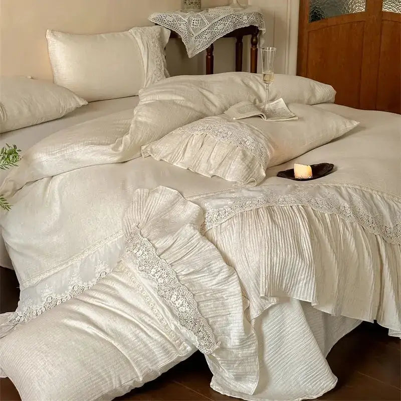 Cream-colored french lace ruffle cotton bedding set with delicate lace trim for decorbites french lace bedroom decor