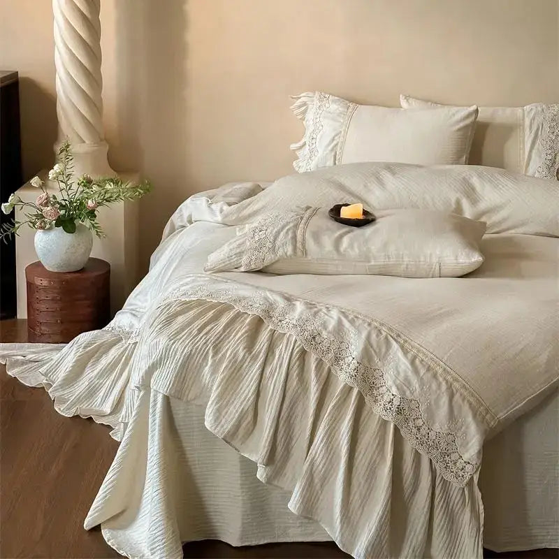 Cream-colored linen bedding set with french lace ruffle and delicate lace trim for elegant decorbites french lace decor
