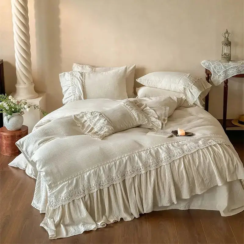 Cream-colored linen bedding set with delicate french lace ruffle trim for elegant decorbites french lace bedroom decor