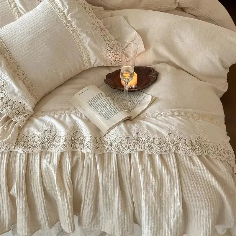 Cream-colored linen bedding set with delicate french lace ruffle trim and ruffled edges by decorbites french lace