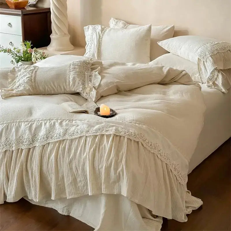 Cream-colored linen bedding set with delicate french lace ruffle trim for elegant decorbites french lace bedroom decor