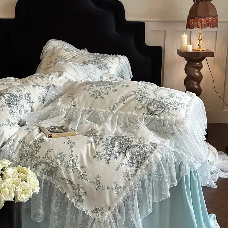White and gray floral-patterned lace ruffles bedding set featuring decorbites french lace for elegant bedroom decor