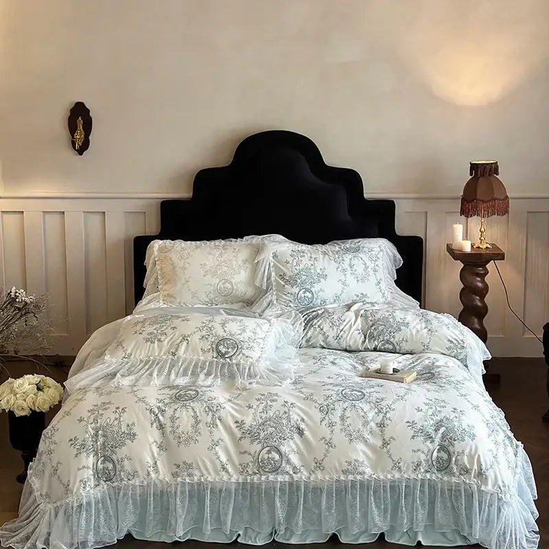 White and light blue floral bedding set with lace ruffles from decorbites french lace for elegant bedroom decor