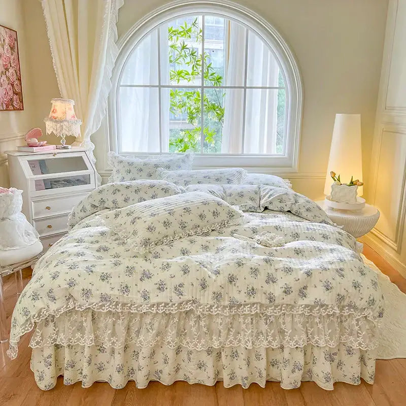 Cream floral bedding set with delicate lace trim and ruffled edges decorbites french lace ruffles bedroom decor