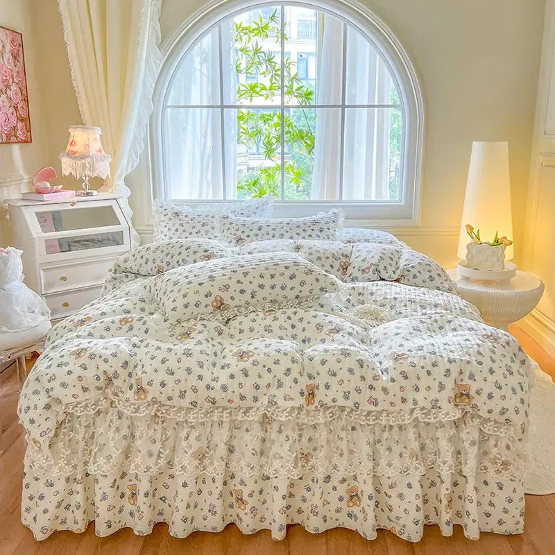 Cream-colored floral bedding set with delicate lace trim and soft teddy bear motifs decorbites french lace ruffles