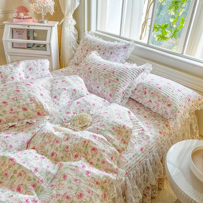 Cream floral bedding set with pink and green pattern featuring french lace ruffles for elegant decorbites french lace decor
