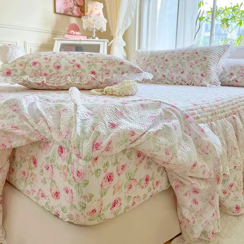 Pink and green floral-patterned ruffled bed skirt from decorbites french lace ruffles cream floral bedding set decor