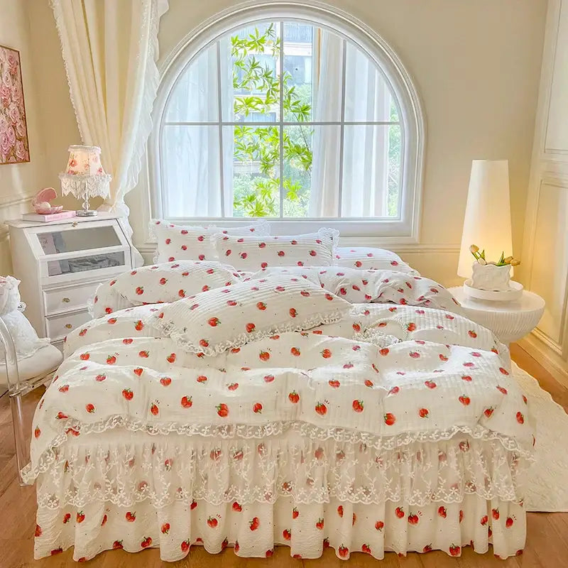 White strawberry patterned bedding set with delicate lace trim from decorbites french lace ruffles bedroom decor