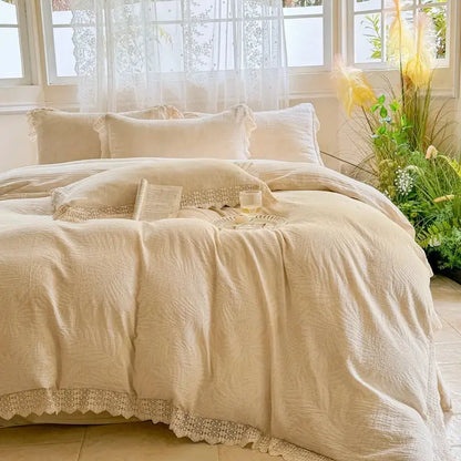 Cream-colored linen bedding set with delicate french lace ruffles trim for elegant bedroom decor by decorbites french lace
