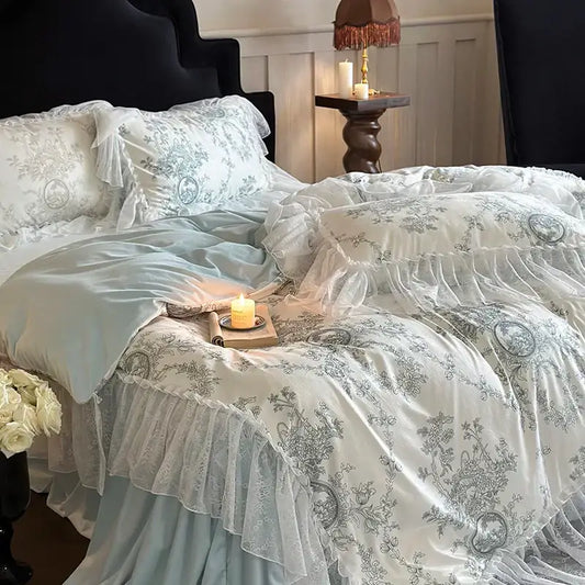 Elegant light blue and white decorbites french lace ruffles bedding set with delicate floral embroidery and lace trim