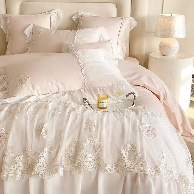 Ivory satin bedding set with delicate french lace ruffles floral embroidery and cotton decorbites french lace detail