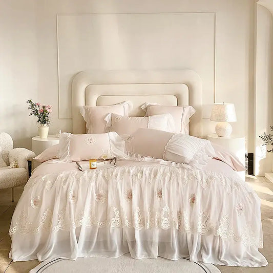 Blush-pink satin bedding set with french lace ruffles embroidered floral details for elegant bedroom decorbites french lace decor
