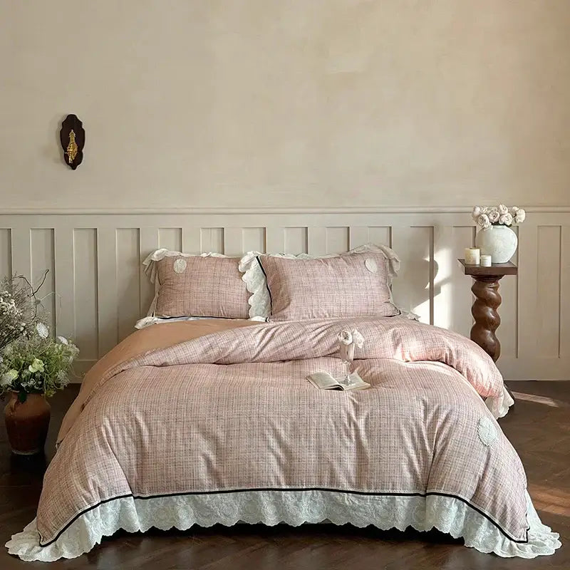 Pink and beige checkered egyptian cotton bedding set with delicate white lace ruffles decorbites french lace