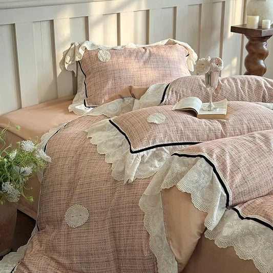 Pastel pink egyptian cotton bedding set with lace ruffles white trim and black piping decorbites french lace style