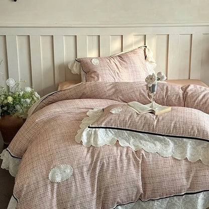 Pink textured duvet bedding set with lace ruffles and embroidered floral details decorbites french lace egyptian cotton