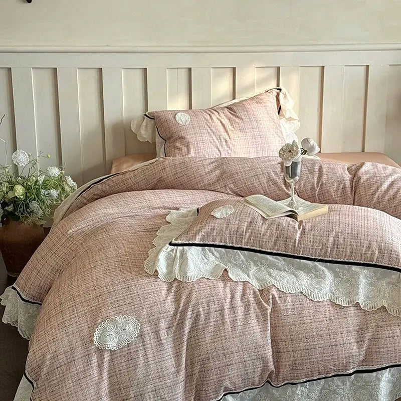 Pink textured duvet bedding set with lace ruffles and embroidered floral details decorbites french lace egyptian cotton