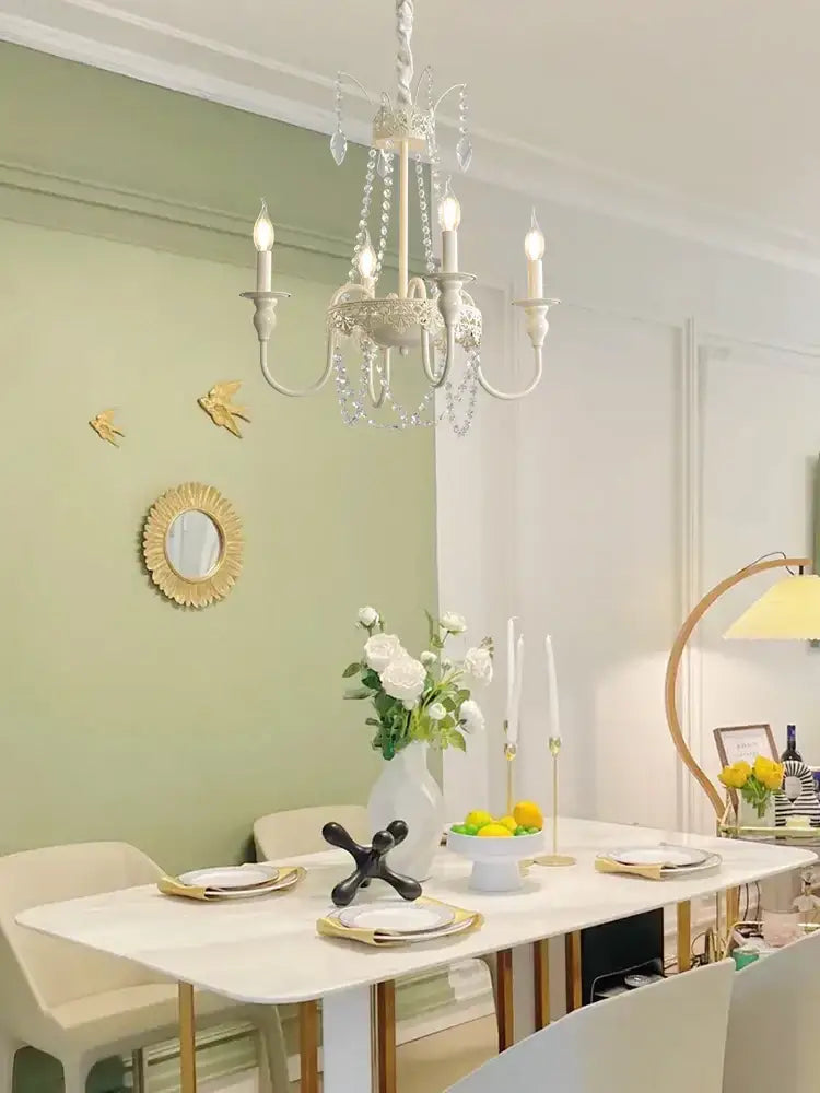 A delicate white french light luxury crystal chandelier with candle-style bulbs for living room decorbites decor