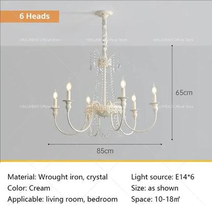 Cream-colored six-head wrought iron and crystal chandelier for living room decorbites french light luxury lighting