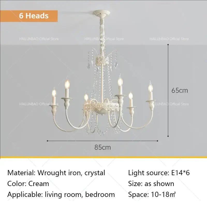 Cream-colored six-head wrought iron and crystal chandelier for living room decorbites french light luxury lighting