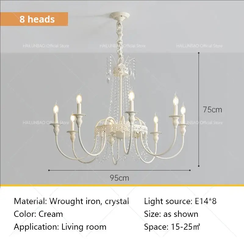 Cream-colored french light luxury chandelier with eight ornate wrought iron arms and crystals for living room decorbites decor
