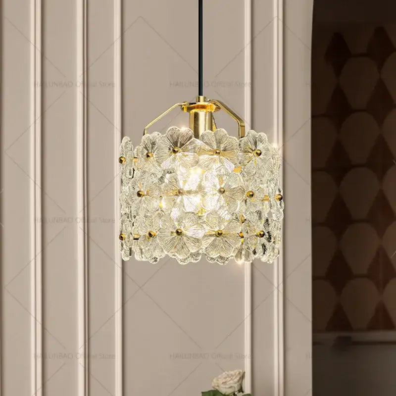 Delicate translucent glass french light luxury white flower chandelier with gold accents for light luxury bedroom decorbites