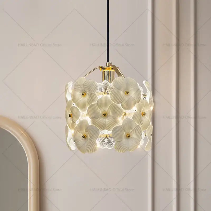 Elegant white flower glass pendant light with gold-toned accents for light luxury bedroom decorbites French light