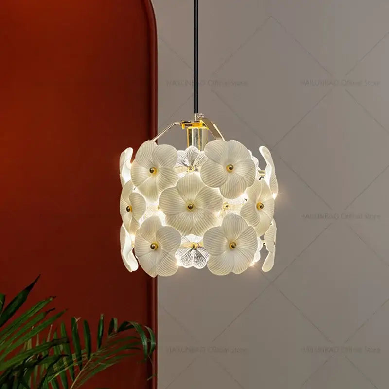 Elegant white flower glass chandelier with gold-toned centers and black rod for light luxury bedroom decorbites french light