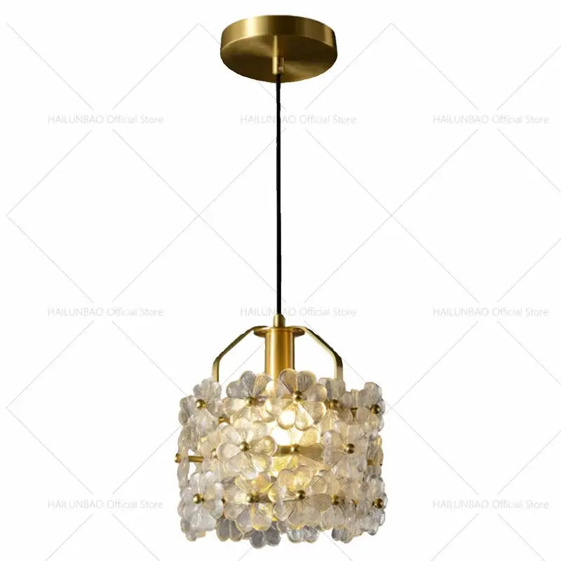 A delicately designed decorbites french light luxury white flower glass chandelier with gold-toned brass finish ideal for light luxury bedroom decor