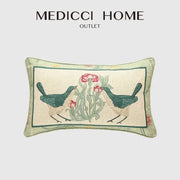Rectangular french linen flax pillow cover with teal bird and pink flower embroidery on cream background decorbites french linen