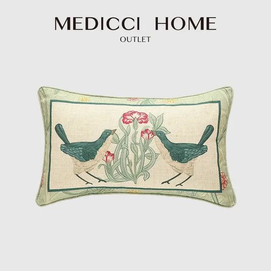 Rectangular french linen flax pillow cover with teal bird and pink flower embroidery on cream background decorbites french linen