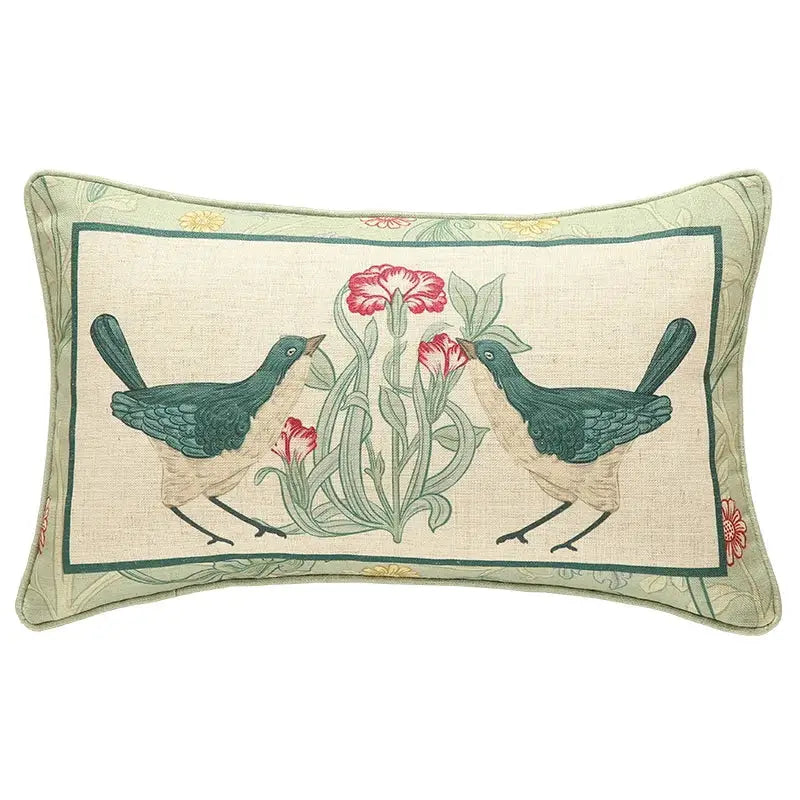 Rectangular pillow cover with embroidered teal birds and pink flowers on beige decorbites french linen flax fabric