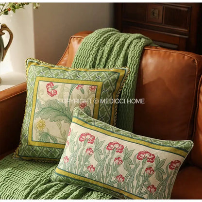 Two rectangular pillow covers with botanical pink and yellow flowers on off-white french linen flax for bedroom decor
