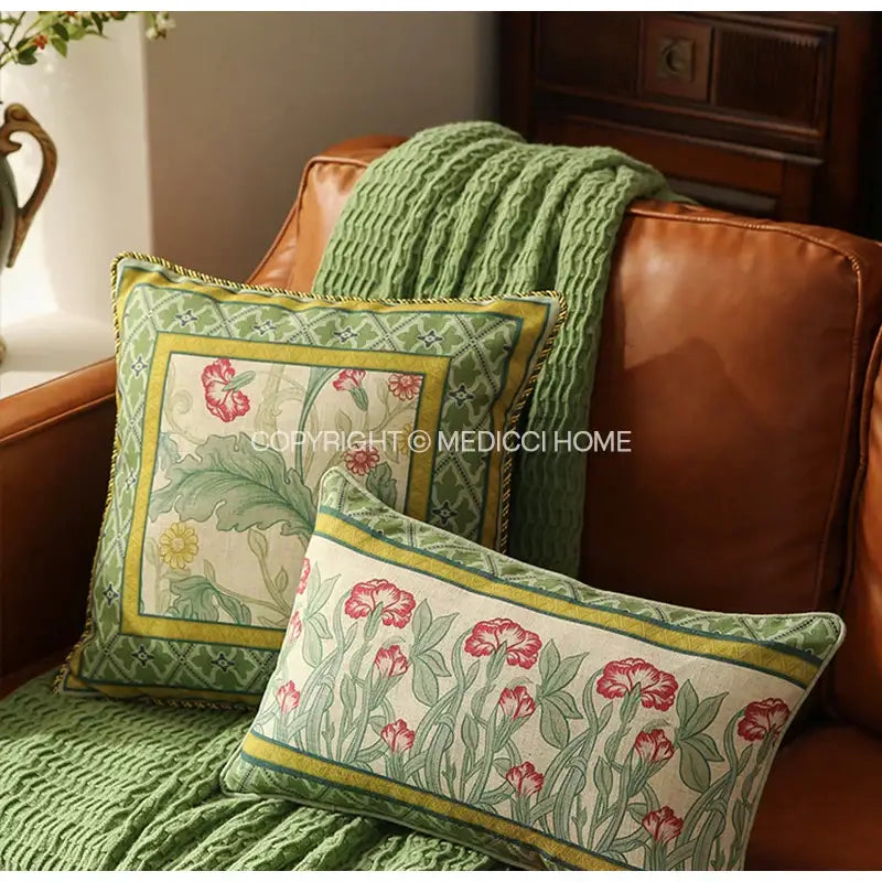 Two rectangular pillow covers with botanical pink and yellow flowers on off-white french linen flax for bedroom decor