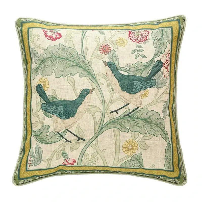 Square pillow cover in decorbites french linen flax featuring embroidered birds and floral motifs on beige background