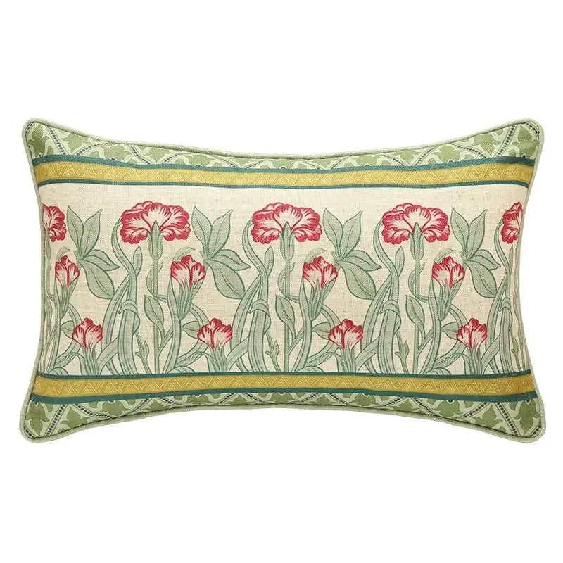 Rectangular pillow cover with cream french linen flax base featuring pink carnations and olive mustard borders decorbites french linen