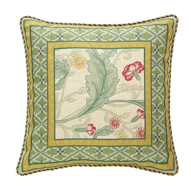 Square pillow cover in decorbites french linen flax with green red yellow floral tapestry and geometric borders for decor