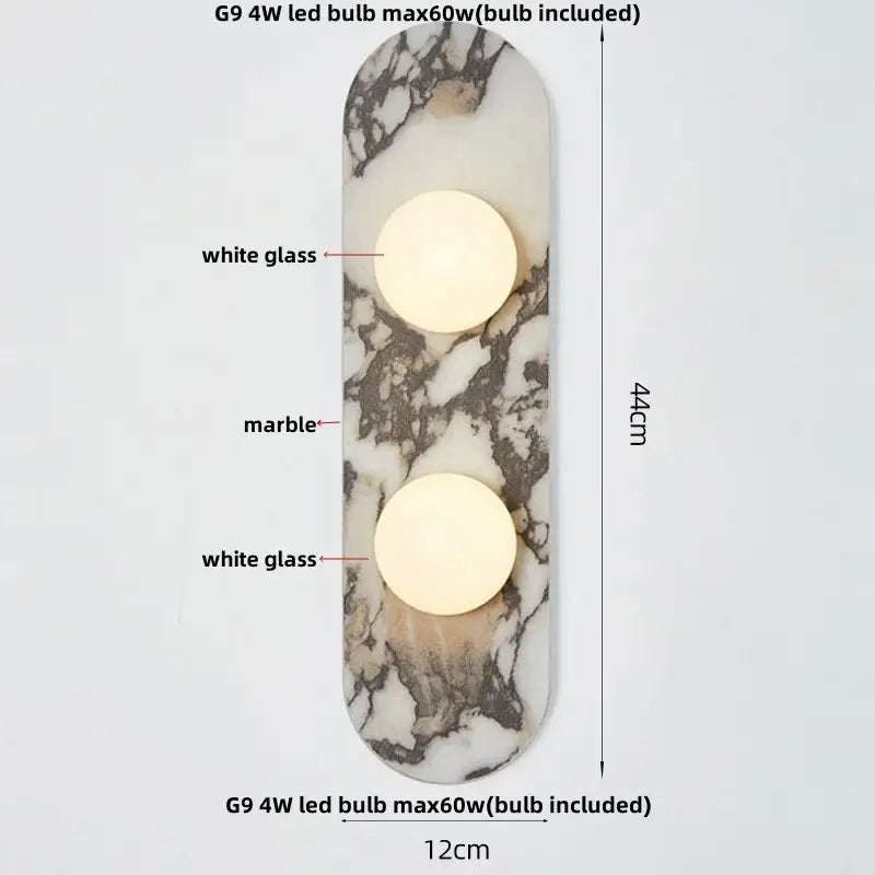 French luxury black and white marble led wall light with marble-finished sconce and two circular white glass shades for bedroom decorbites led wall