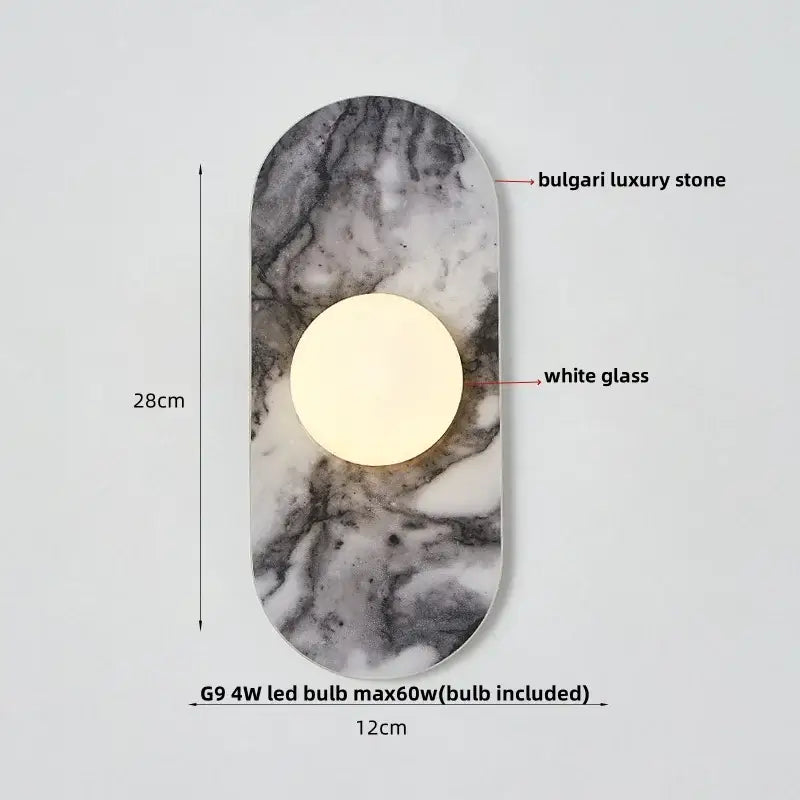 French luxury black and white marble led wall light with gray white marbled Bulgari stone backplate and circular glass panel
