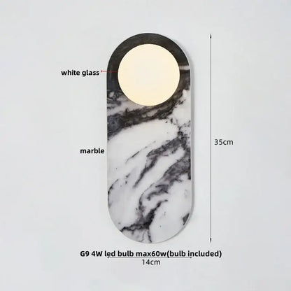 A French luxury black and white marble led wall light with a sleek oval design and circular white glass panel for bedroom decorbites led wall light